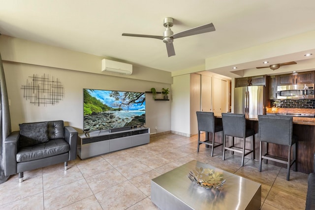 tiled living room featuring a wall mounted AC and ceiling fan