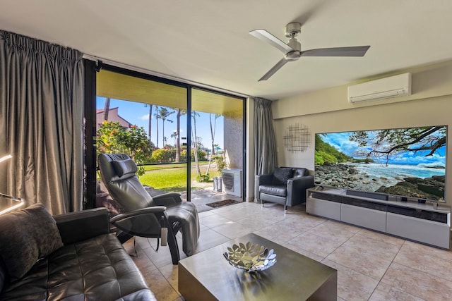 living room with expansive windows, ceiling fan, light tile patterned floors, and a wall unit AC