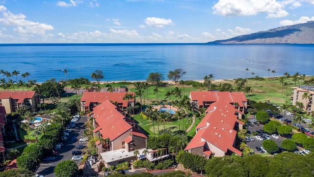 drone / aerial view featuring a water and mountain view