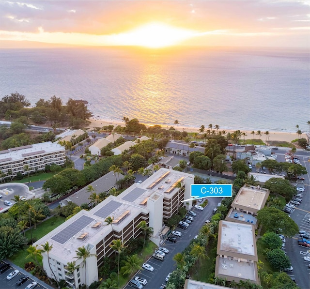 aerial view at dusk featuring a water view