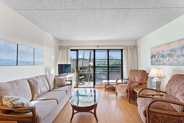 living room featuring a textured ceiling and light wood-type flooring