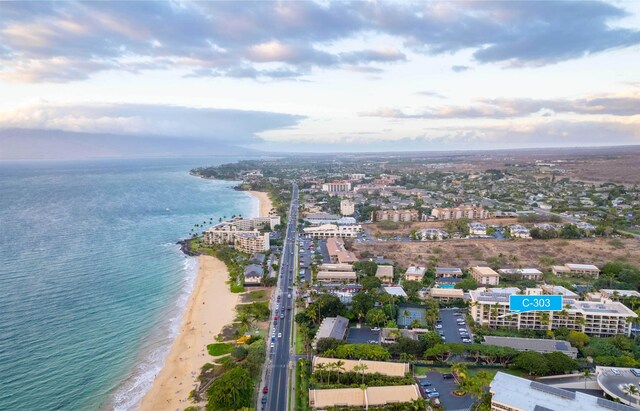 birds eye view of property with a beach view and a water view