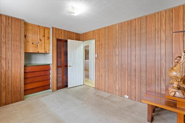 interior space with light carpet, a closet, a textured ceiling, and wood walls