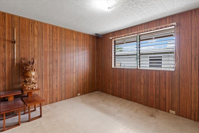 unfurnished room with carpet, a textured ceiling, and wooden walls