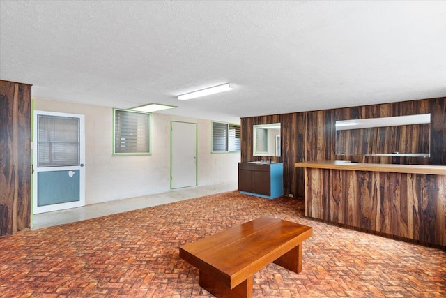 living room featuring sink, a textured ceiling, and wood walls