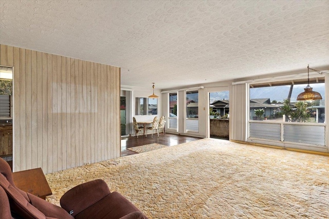 living room featuring plenty of natural light, a textured ceiling, and wood walls