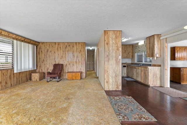 living room with a textured ceiling and wood walls