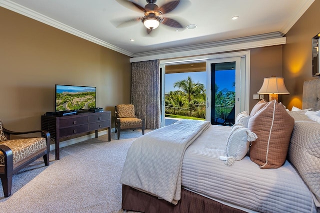 bedroom with ceiling fan, ornamental molding, access to exterior, and carpet