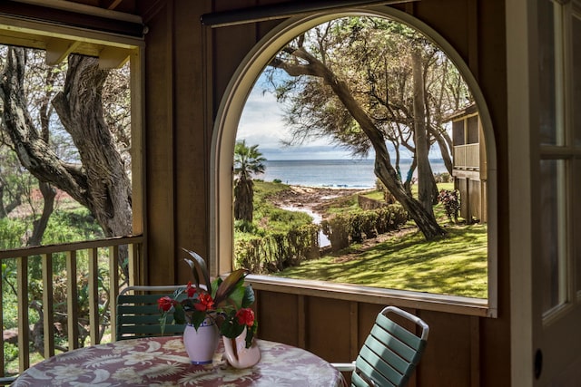 sunroom featuring a water view and a healthy amount of sunlight