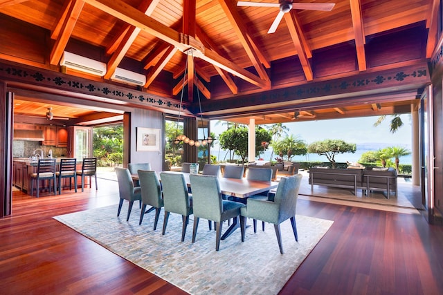 dining space with wood-type flooring, a wall mounted AC, wooden ceiling, and beam ceiling