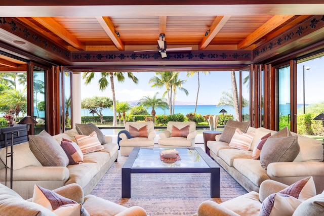 sunroom / solarium featuring beam ceiling, a healthy amount of sunlight, a water view, and wood ceiling