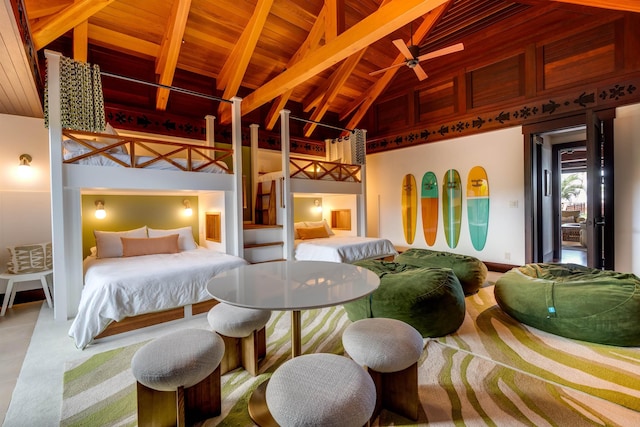 bedroom featuring beamed ceiling, wooden ceiling, and high vaulted ceiling