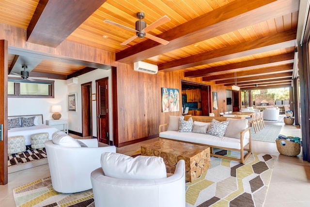 tiled living room featuring beam ceiling, ceiling fan, wooden ceiling, a wall mounted air conditioner, and wood walls