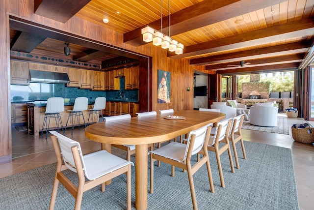 tiled dining area featuring beam ceiling, wood walls, sink, and wooden ceiling