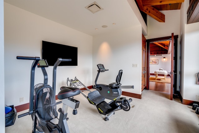 exercise area featuring light colored carpet