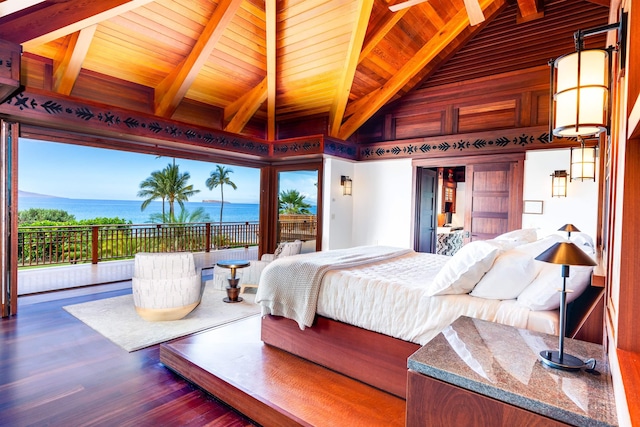 bedroom featuring dark wood-type flooring, access to outside, high vaulted ceiling, a water view, and beam ceiling