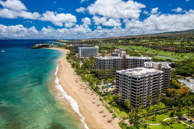 bird's eye view with a water view and a beach view