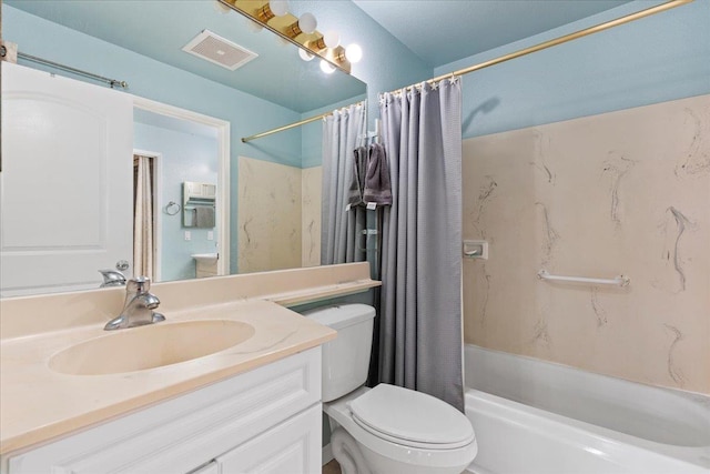 full bath featuring toilet, visible vents, shower / bath combination with curtain, and vanity