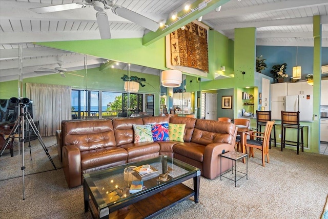 10 Wailea Ekolu Pl Unit 1008, Kihei, HI 96753 - living room with ceiling fan, beam ceiling, carpet, high vaulted ceiling, and wood ceiling