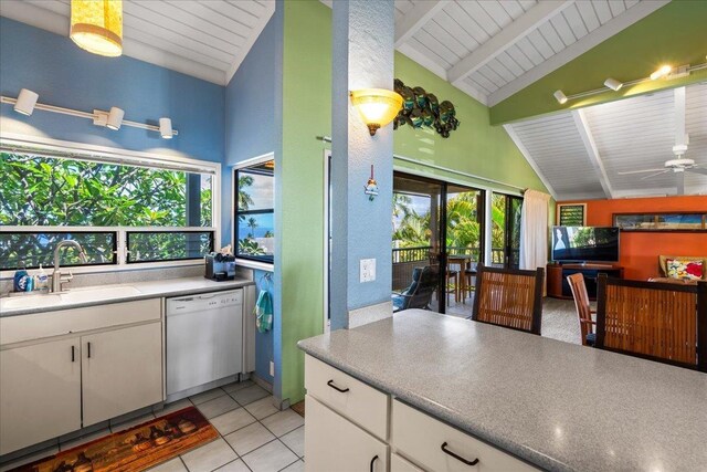 10 Wailea Ekolu Pl Unit 1008, Kihei, HI 96753 - kitchen featuring white dishwasher, wooden ceiling, white cabinetry, a sink, and light tile patterned floors