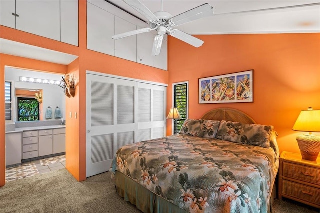10 Wailea Ekolu Pl Unit 1008, Kihei, HI 96753 - bedroom featuring high vaulted ceiling, a closet, carpet flooring, and ensuite bathroom