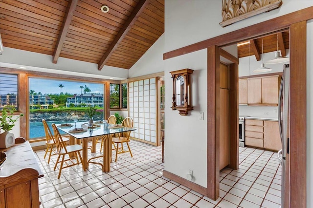 sunroom / solarium featuring wooden ceiling and vaulted ceiling with beams