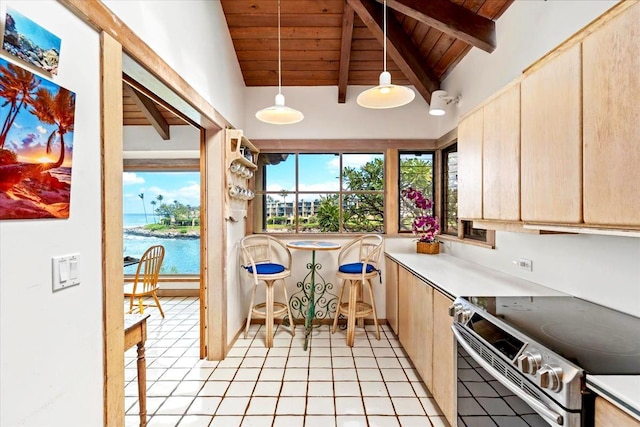 kitchen with wood ceiling, stainless steel electric range, decorative light fixtures, a water view, and vaulted ceiling with beams