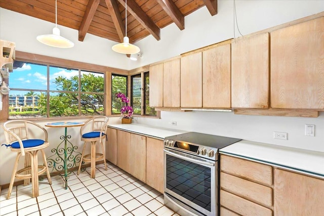 kitchen featuring stainless steel range with electric stovetop, decorative light fixtures, beamed ceiling, and wood ceiling