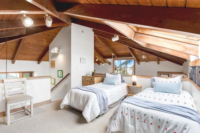 bedroom with wooden ceiling, carpet, and lofted ceiling with beams