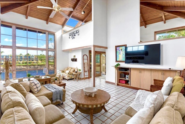 living room with ceiling fan, high vaulted ceiling, light tile patterned floors, and wooden ceiling