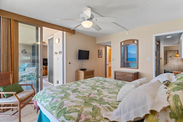 bedroom featuring ceiling fan and light tile patterned floors