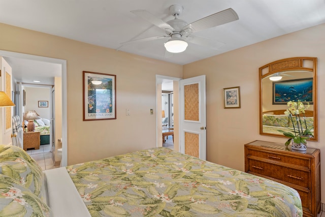 bedroom featuring ceiling fan and light tile patterned flooring