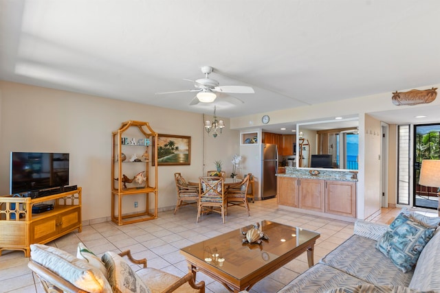 tiled living room featuring ceiling fan