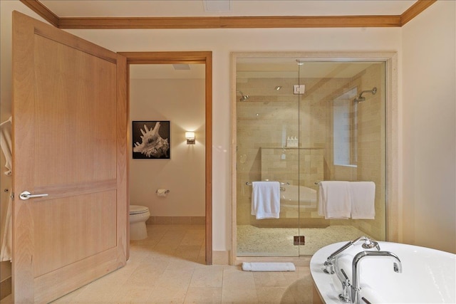 bathroom with shower with separate bathtub, toilet, and ornamental molding