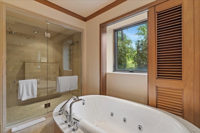 bathroom with independent shower and bath and ornamental molding