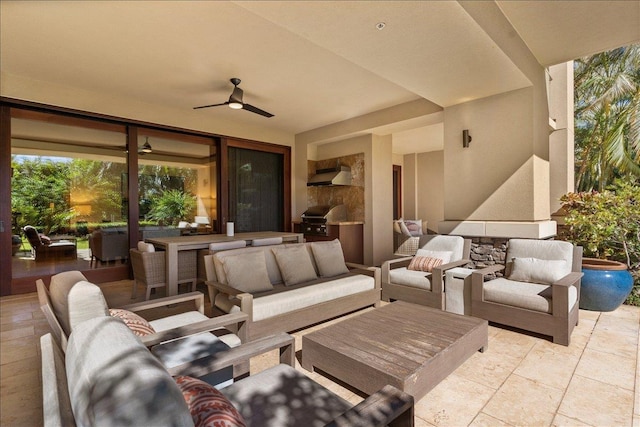 view of patio featuring outdoor lounge area, ceiling fan, and grilling area