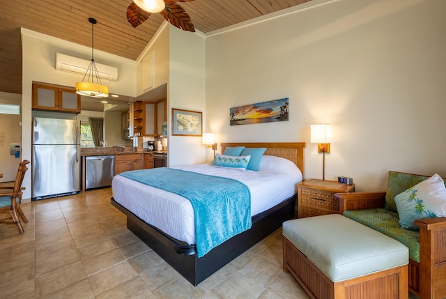 bedroom featuring light tile patterned floors, wood ceiling, stainless steel fridge, a high ceiling, and an AC wall unit