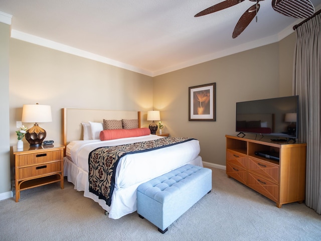 130 Kai Malina Pkwy Unit 719, Lahaina, HI 96761 - bedroom featuring light carpet, ornamental molding, baseboards, and a ceiling fan