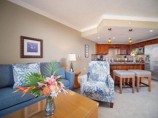 130 Kai Malina Pkwy Unit 719, Lahaina, HI 96761 - living room with crown molding, light carpet, and recessed lighting