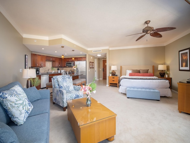 130 Kai Malina Pkwy Unit 719, Lahaina, HI 96761 - living room featuring ceiling fan, light carpet, crown molding, and baseboards