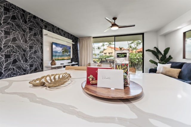 dining space with ceiling fan and a wall of windows