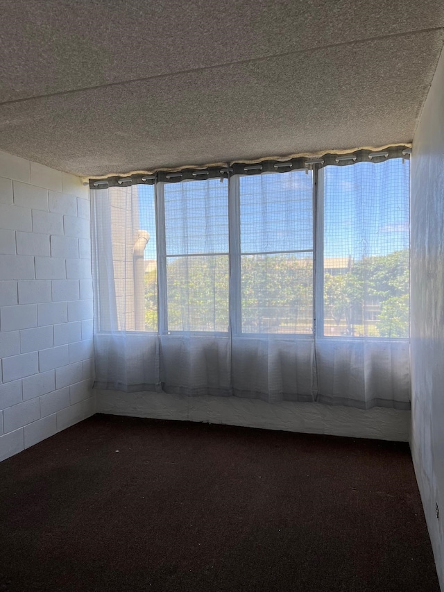 spare room featuring a textured ceiling and dark carpet