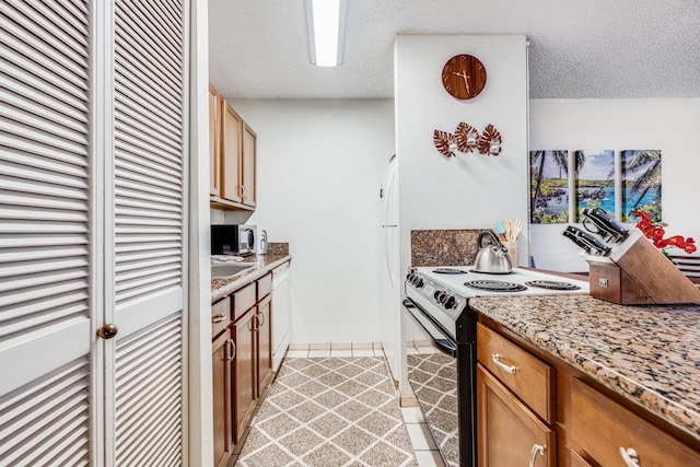 kitchen with white dishwasher, light stone countertops, a textured ceiling, and electric range