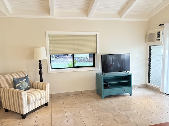 living area featuring light tile patterned floors, a wall unit AC, wood ceiling, baseboards, and beam ceiling