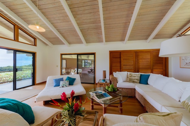 living room featuring hardwood / wood-style flooring, wooden ceiling, and vaulted ceiling with beams