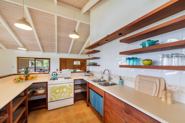 kitchen featuring gas range gas stove, tasteful backsplash, wood ceiling, sink, and lofted ceiling with beams