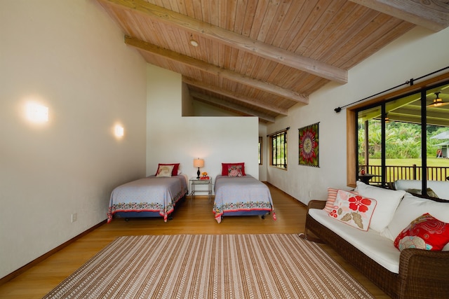 bedroom featuring wood ceiling, access to outside, hardwood / wood-style flooring, and lofted ceiling with beams