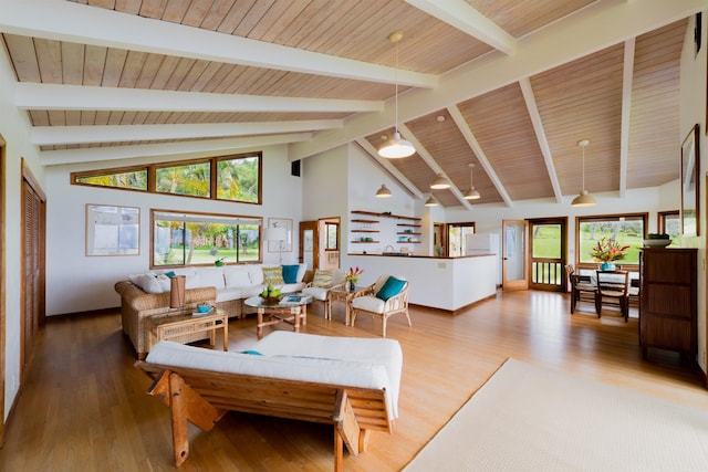 living room featuring high vaulted ceiling, hardwood / wood-style flooring, wooden ceiling, and beam ceiling