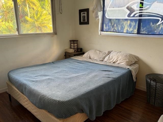 bedroom with dark hardwood / wood-style floors