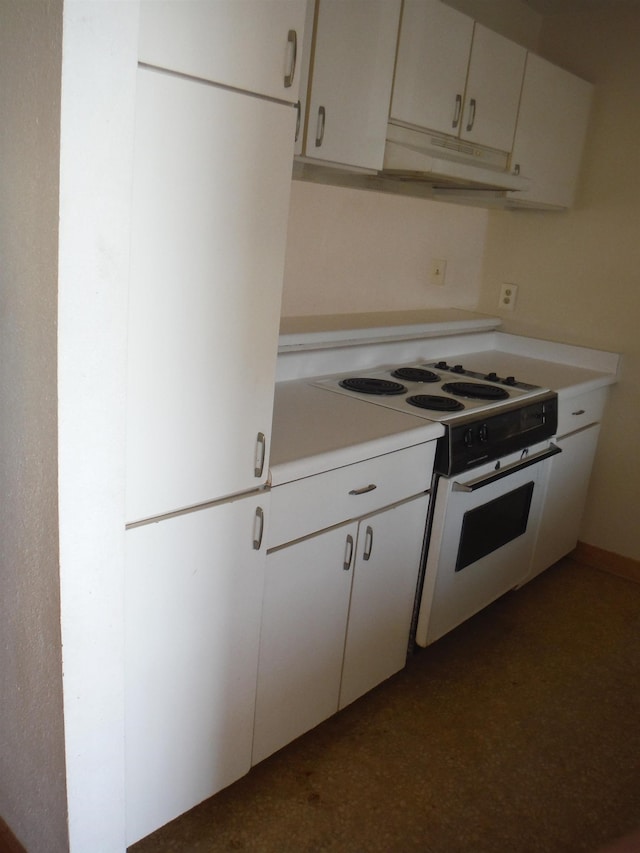 kitchen with white cabinetry, electric stove, light countertops, and under cabinet range hood